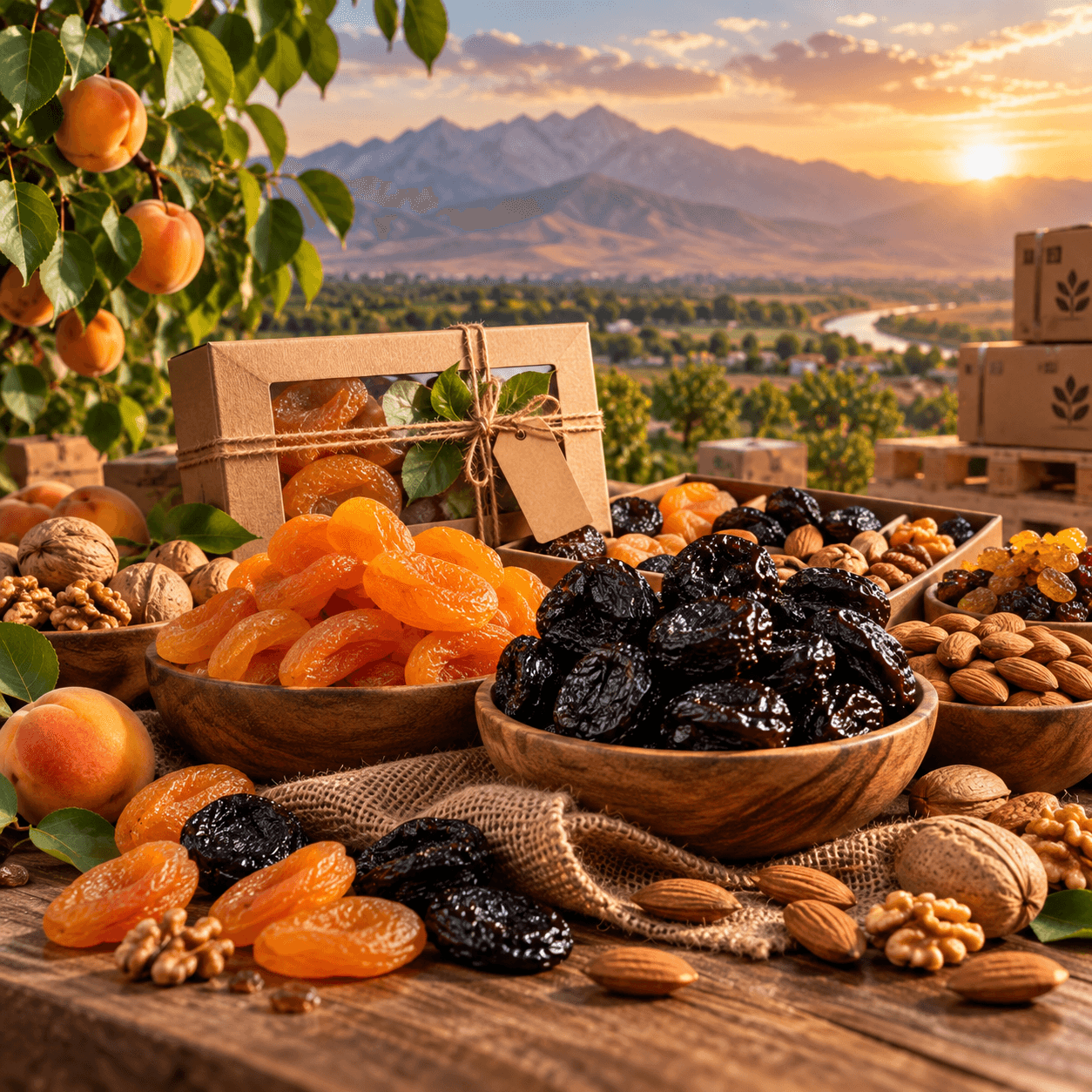 Dried fruits and nuts in bowls and gift packaging (illustrative)