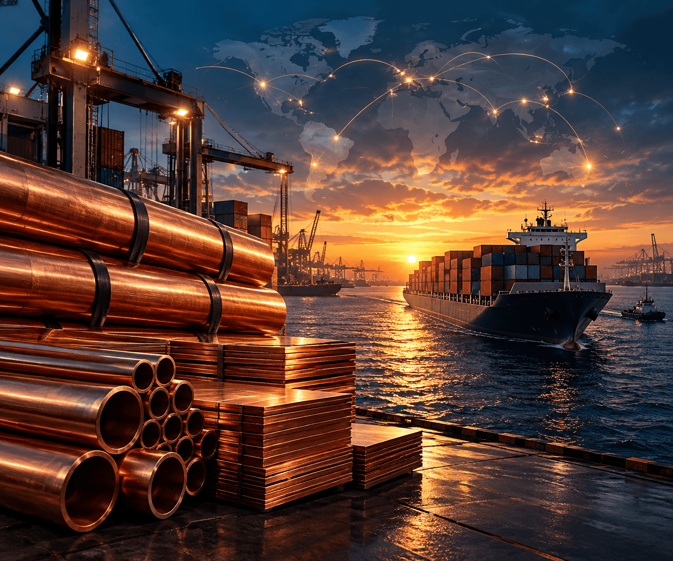 Copper tubes in an industrial port setting (illustrative)