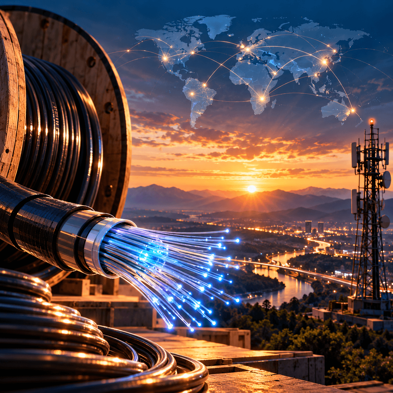 Fibre-optic cables and a telecom tower above a historic city (illustrative)