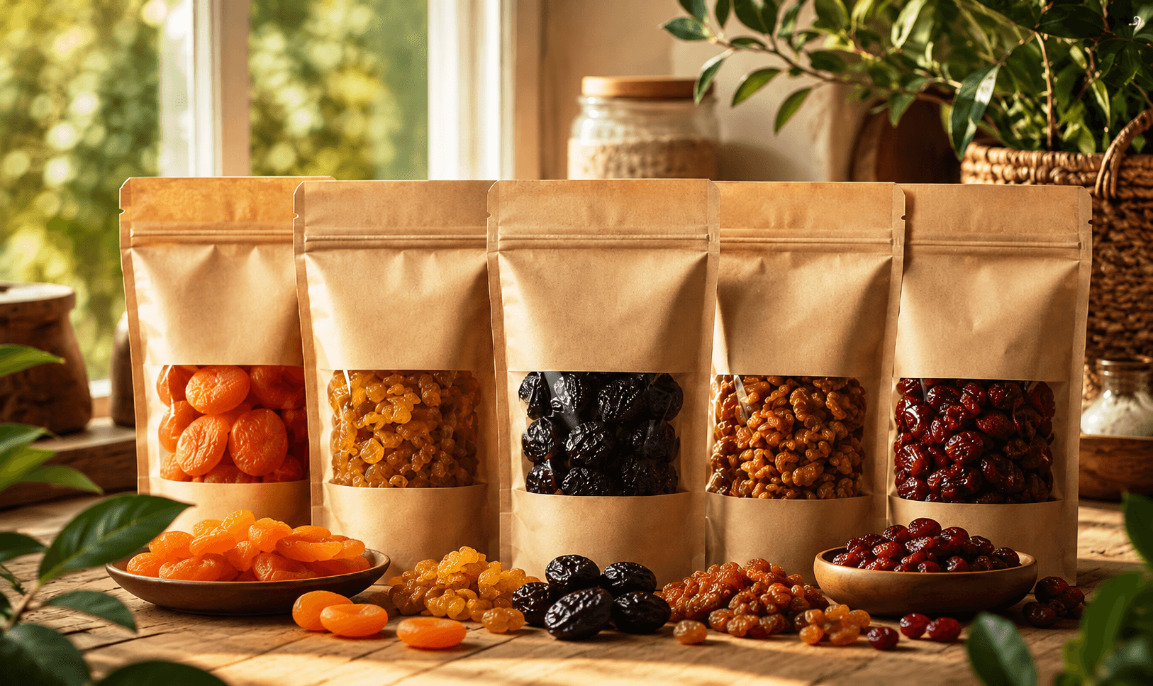 Dried fruits in kraft pouches and bowls (illustrative)