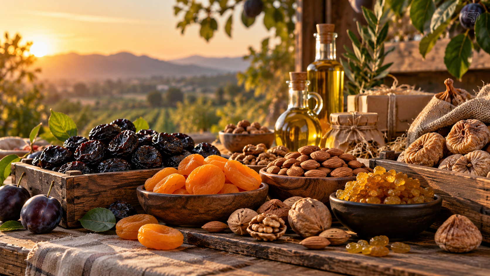 Dried fruits and nuts in kraft pouches and bowls (illustrative)