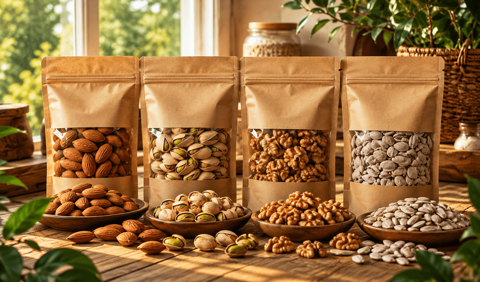 Nuts in kraft pouches and bowls (illustrative)